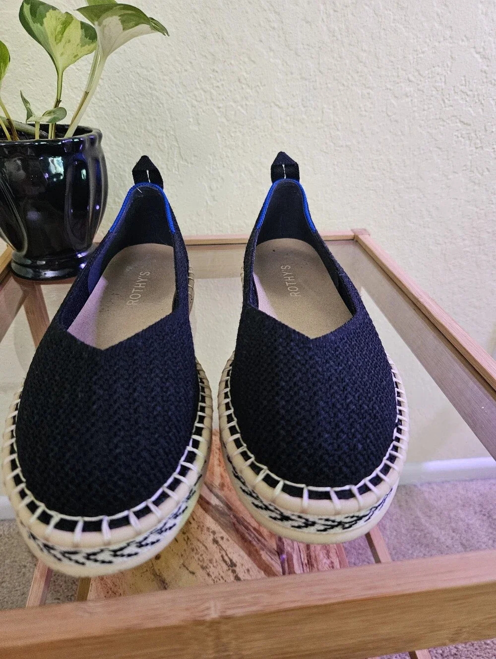 Rothy's Black Knit Espadrille with Blue Trim Sz 6